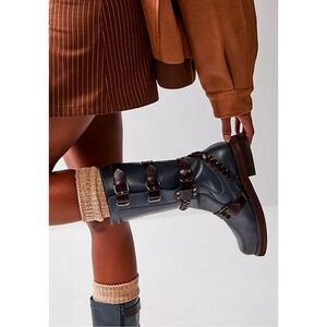 Free People Blue Combat Moto Boots with Buckle Straps
